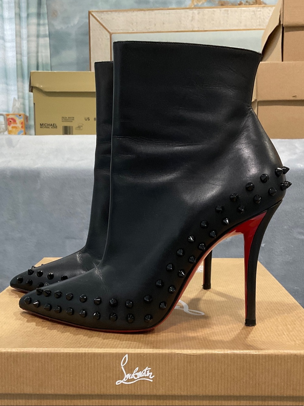 Christian Louboutin Black Studded Leather Ankle Boots with Red Sole